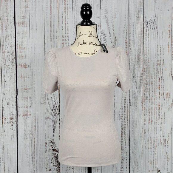 NWT Express Blush Pink XS Glitter Dressy Chic Classic Short Puffed Sleeve Blouse - Picture 1 of 8